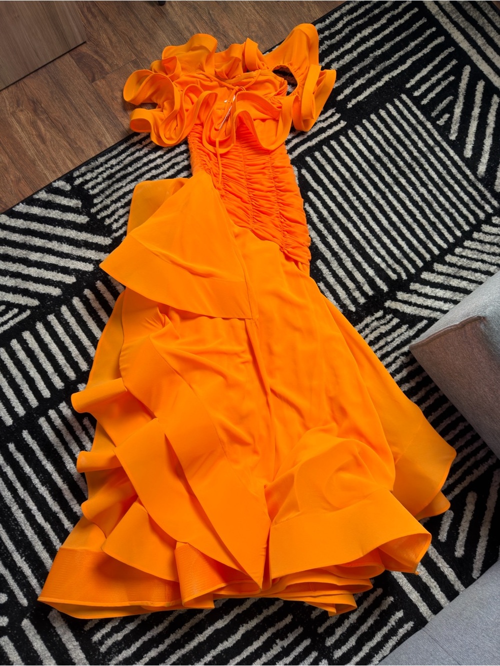 Orange Ruffled Off-Shoulder Evening Gown - Picture 3 of 3
